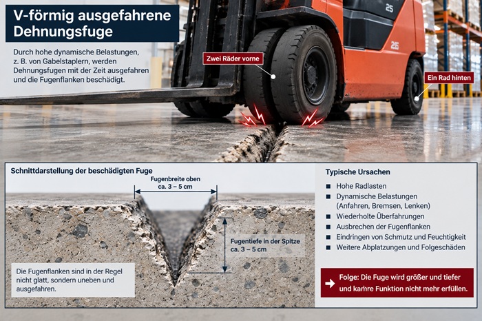 Gabelstapler überfährt eine Dehnungsfuge im Industrieboden – Radlasten brechen die Fugenflanken aus