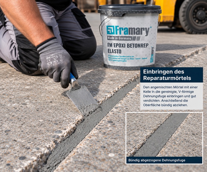 Dehnungsfuge reparieren mit FM Epoxi Betonrep Elasto – Einbringen des Reparaturmörtels aus dem 10-kg-Eimer