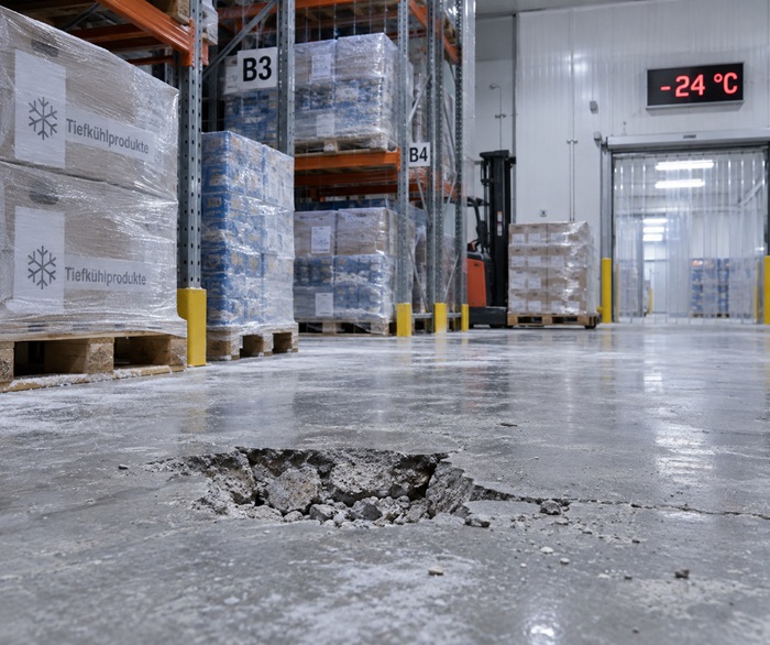 Beschädigter Betonboden im Kühlhaus vor der Reparatur mit Reparaturmörtel Kühlhaus