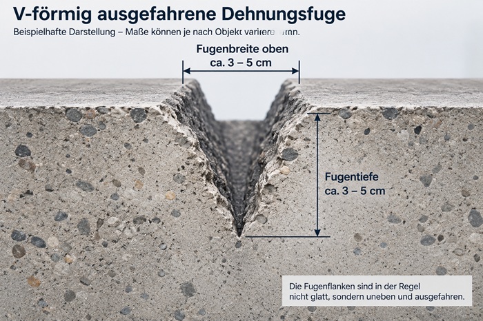Querschnitt einer ausgefahrenen Dehnungsfuge im Betonboden mit 3 bis 5 cm Breite vor der Reparatur