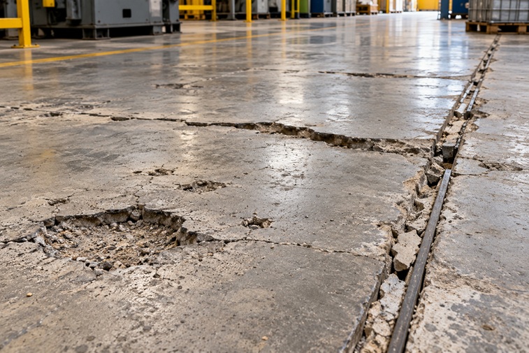 Industrieboden reparieren – beschädigter Betonboden in einer Fabrikhalle